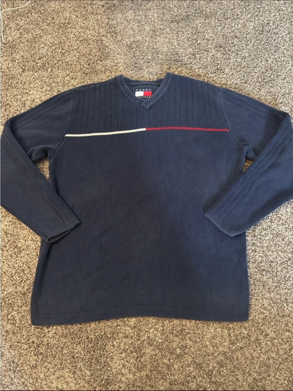 Tommy Hilfiger Navy V-Neck Sweater with Red and White Chest Stripe